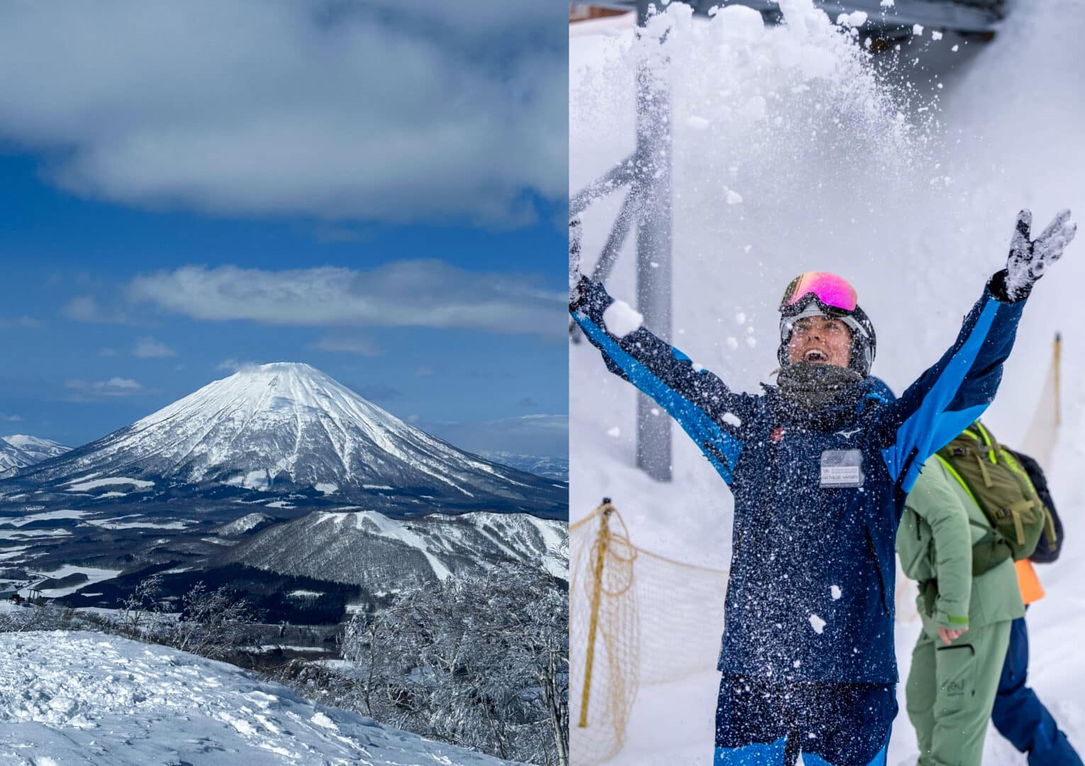 Til venstre- vulkanen Mount Yōtei. Til højre- Mig på en “hård” arbejdes dag som skiinstruktør i Japan